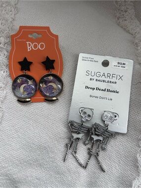 Drop Dead Hottie Silver Skeleton & Crystal Ball Earrings.